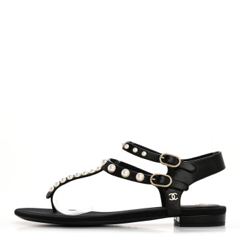 CHANEL Lambskin Pearl Thong Sandals 38.5 Black