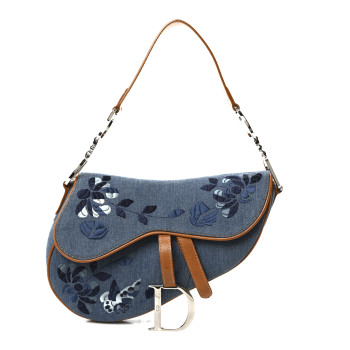 CHRISTIAN DIOR Denim Embroidered Saddle Bag Blue