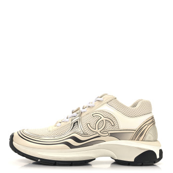 CHANEL Fabric Laminated Calfskin Stretch CC Womens Sneakers 38 White Gold Silver