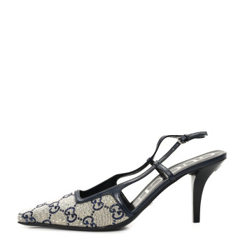 GUCCI GG Monogram Malaga Kid Crystal Square G 75mm Slingback Pumps 38 Beige Blue