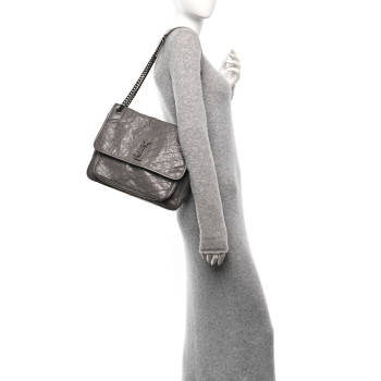 SAINT LAURENT Crinkled Calfskin Matelasse Monogram Large Niki Chain Satchel Fog