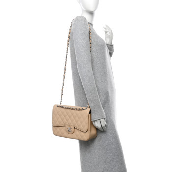 CHANEL Caviar Quilted Jumbo Double Flap Light Beige