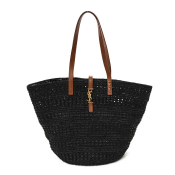 SAINT LAURENT Raffia Calfskin Medium Panier Tote Black