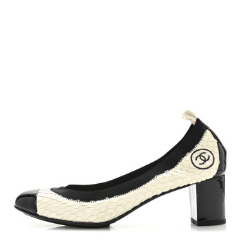 CHANEL Snakeskin CC Elastic Cap Toe Ballerina Pumps 38 White Black