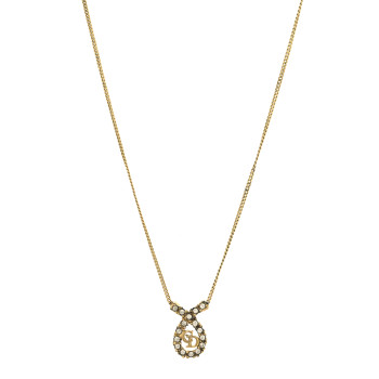 CHRISTIAN DIOR Metal Crystal CD Pendant Necklace Gold