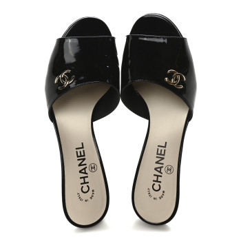 CHANEL Patent Lambskin Pearl Mules 37.5 Black