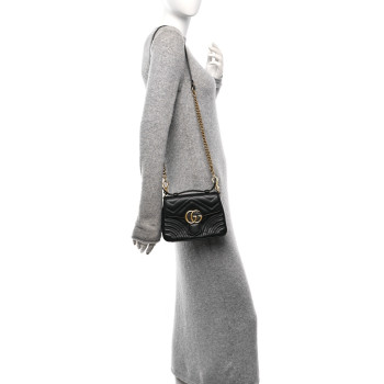 GUCCI Calfskin Matelasse Mini GG Marmont Top Handle Shoulder Bag Black