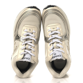 CHANEL Fabric Laminated Calfskin Stretch CC Womens Sneakers 38 White Gold Silver