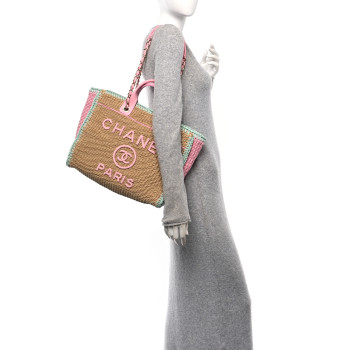 CHANEL Raffia Crochet Medium Deauville Tote Beige Light Pink Green