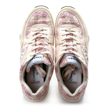 CHANEL Tweed Suede Calfskin Womens CC Sneakers 39 Pink Ecru