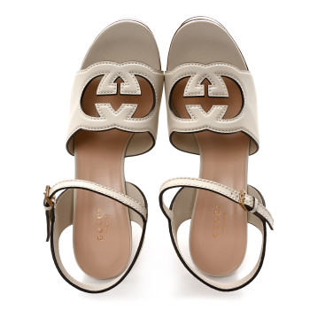 GUCCI Cosmos Softy Calfskin Wooden Interlocking G Cut-Out 30/120mm Platform Sandals 40 Mystic White