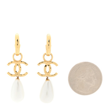 CHANEL Pearl CC Hoop Drop Earrings  Gold Pearly White