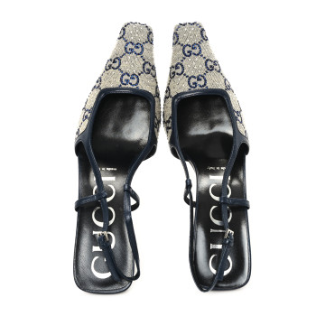 GUCCI GG Monogram Malaga Kid Crystal Square G 75mm Slingback Pumps 38 Beige Blue