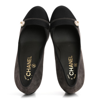 CHANEL Glitter Calfskin Grosgrain Cap Toe Pearl Pumps 36.5