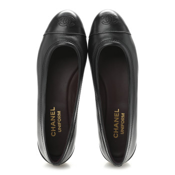 CHANEL Lambskin Cap Toe CC Uniform Ballerina Flats 37.5 Black