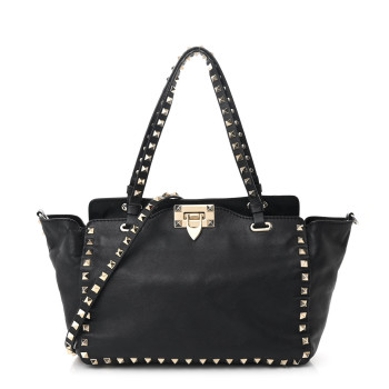 VALENTINO GARAVANI Grained Calfskin Small Rockstud Tote Black