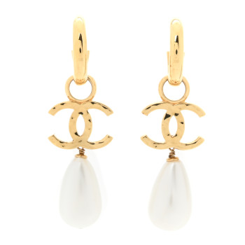 CHANEL Pearl CC Hoop Drop Earrings  Gold Pearly White
