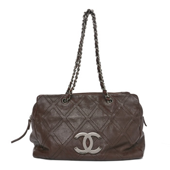 CHANEL Calfskin Diamond Stitch Small Tote Dark Brown