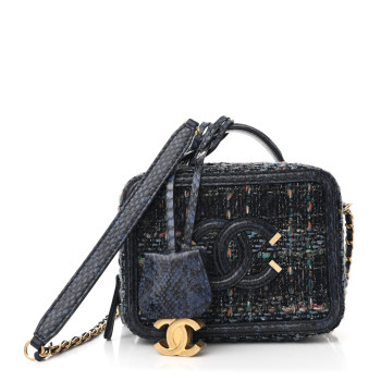 CHANEL Tweed Snakeskin Quilted Small CC Filigree Vanity Case Navy Multicolor