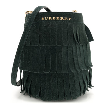 BURBERRY Suede Fringe Mini Bucket Bag Dark Forest Green