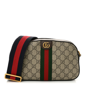 GUCCI GG Supreme Monogram Textured Dollar Calfskin Web Ophidia Wristlet Shoulder Bag Beige Ebony New Acero
