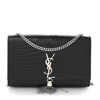 SAINT LAURENT Calfskin Crocodile Embossed Medium Classic Monogram Kate Tassel Satchel Black