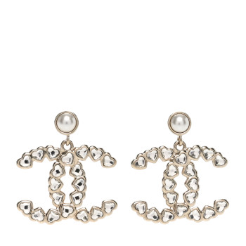 CHANEL Pearl Crystal Heart CC Drop Earrings Gold