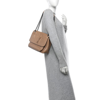 SAINT LAURENT Crinkled Calfskin Matelasse Monogram Medium Niki Chain Satchel Dark Toffee