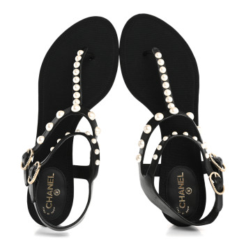 CHANEL Lambskin Pearl Thong Sandals 38.5 Black