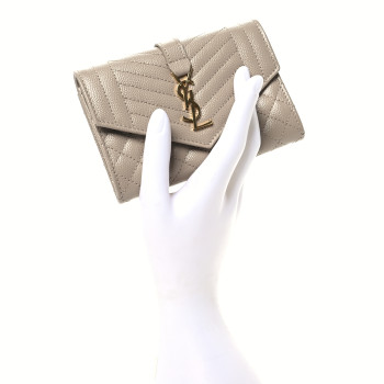 SAINT LAURENT Grain De Poudre Textured Mixed Matelasse Triquilt Small Monogram Envelope Wallet Dark Beige