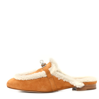 HERMES Suede Goatskin Shearling Womens Oz Mules 37.5 Natural Ecru