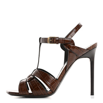 SAINT LAURENT Calfskin Crocodile Embossed Tribute 105 Sandals 39.5 Moro