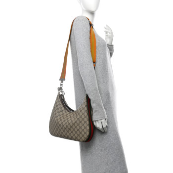 GUCCI GG Supreme Monogram Textured Calfskin Web Large Attache Shoulder Bag Beige Ebony New Acero