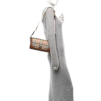 BURBERRY Calfskin Giant Check E-Canvas Elongated Note Crossbody Bag Briar Brown