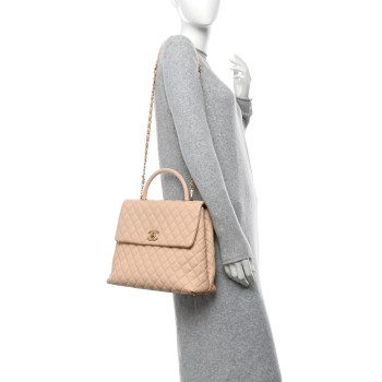 CHANEL Caviar Quilted Large Coco Handle Flap Beige