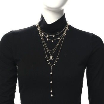 CHANEL Pearl Crystal Lambskin CC Short Multi Strand Necklace Gold Black