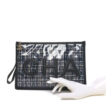 CHANEL Tweed PVC Lambskin Large Pouch Black