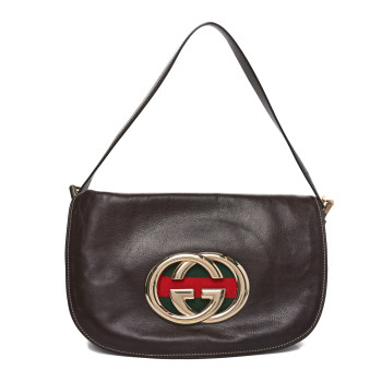 GUCCI Calfskin Web Small Britt Shoulder Bag Brown