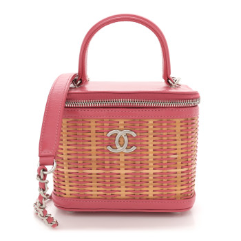 CHANEL Calfskin Raffia Small Take Away Vanity Case Bag Pink Beige