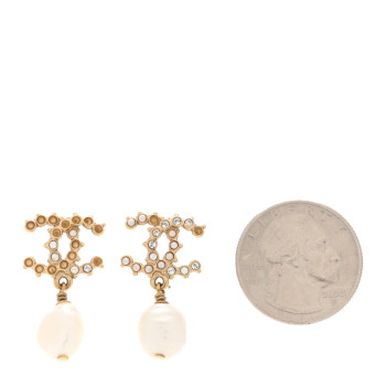CHANEL Pearl Crystal CC Drop Earrings Gold