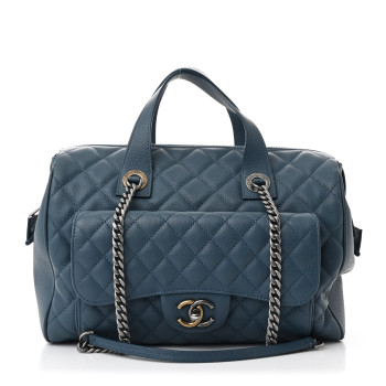 CHANEL Grained Calfskin Quilted Large Casual Pocket Bowling Bag Blue
