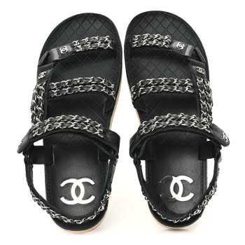 CHANEL Lambskin Chain Sandals 39 Black