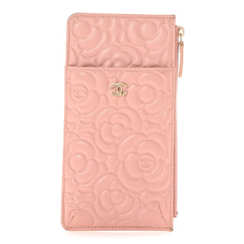 CHANEL Caviar Camellia Embossed Classic Flat Wallet Pouch Pink