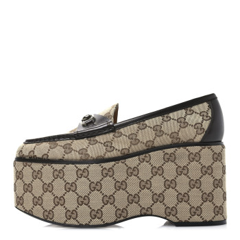 GUCCI Monogram Horsebit Calfskin Womens Horsebit Wedge Platform Loafers 40 Beige Blue