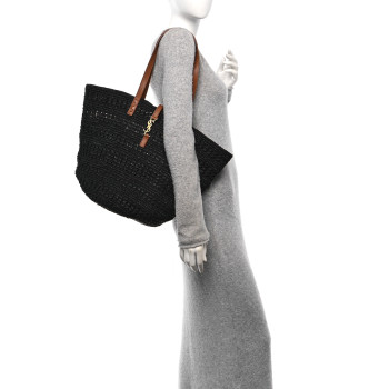 SAINT LAURENT Raffia Calfskin Medium Panier Tote Black