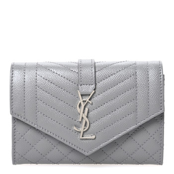 SAINT LAURENT Grain De Poudre Textured Mixed Matelasse Triquilt Small Monogram Envelope Wallet Stone Grey