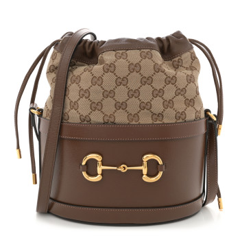 GUCCI Monogram Textured Calfskin Horsebit 1955 Drawstring Bucket Bag Beige Brown Sugar
