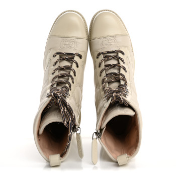 GUCCI Cordovan Lux Nappa GG Matelasse Lace Up 60mm Combat Boots 39 Milk White