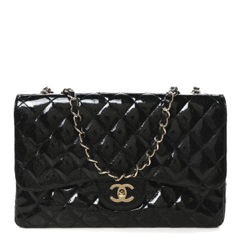 CHANEL Patent Quilted Sparkle Glitter Jumbo Single Flap Black