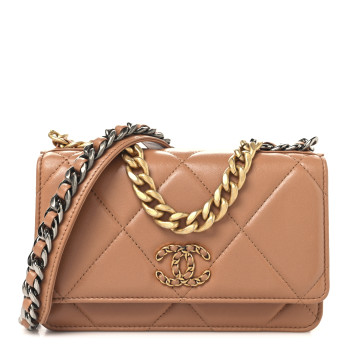 CHANEL Lambskin Quilted Chanel 19 Wallet On Chain WOC Brown